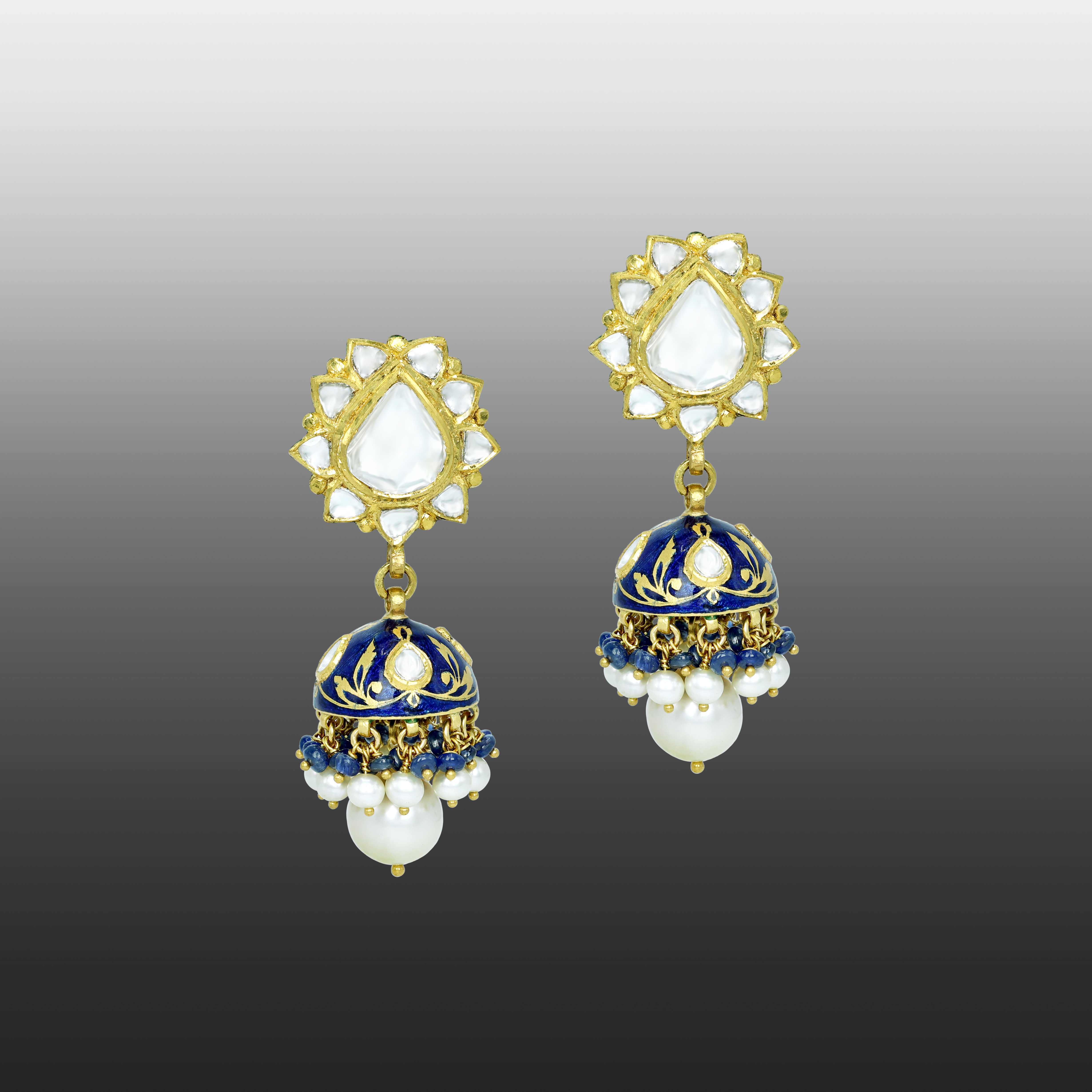 Jhumki Earrings with Blue Enamel, Polki Florals, and Pearl Details